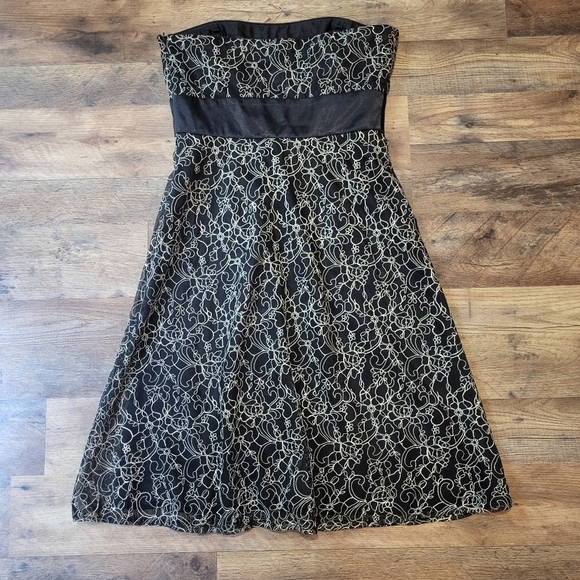 Vintage Kathy Robert's Black & Metallic Gold Floral Strapless Dress Size 8 - Picture 8 of 9